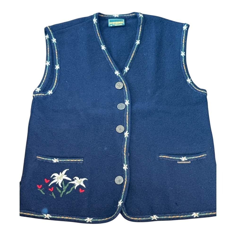 Geiger Collections Navy Boiled Wool Edelweiss Embroidered Vest Austria Size 36
